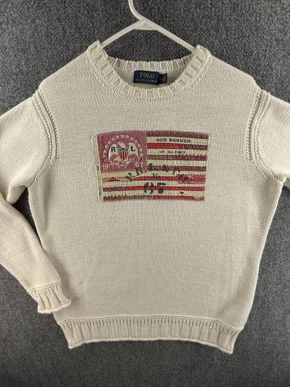 Polo Ralph Lauren Knit Flag Sweater Medium RL Eagle Logo 67 White Crew Cotton